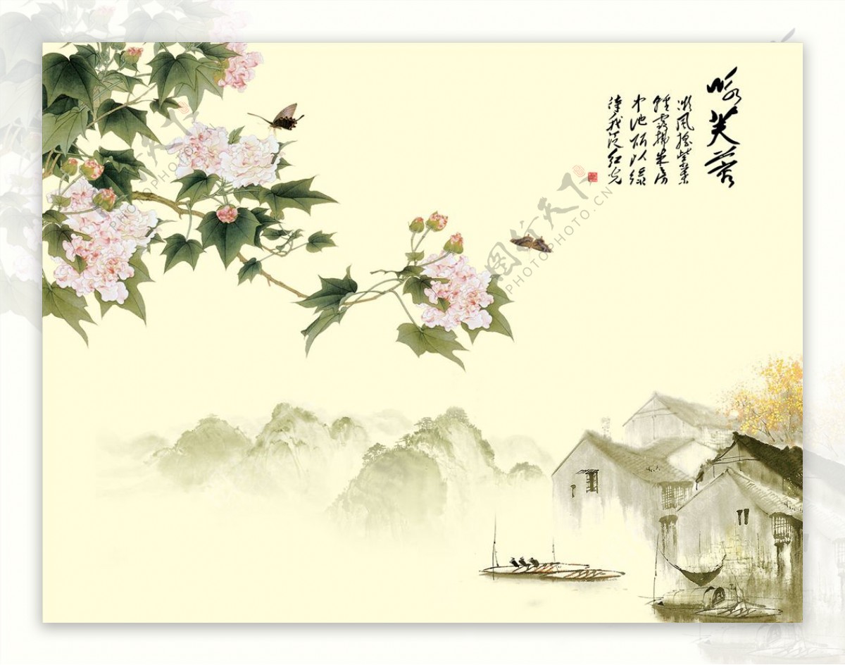 芙蓉花小船江南背景墙图片