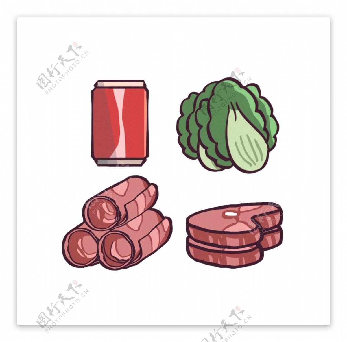 牛排肉卷蔬菜可乐手绘素材图片