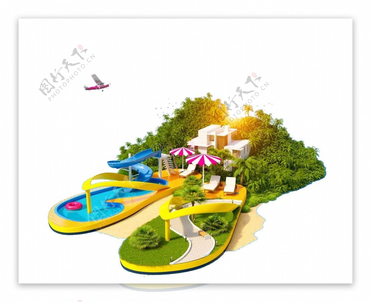 创意设计海滩景观拖鞋泳池遮阳伞图片