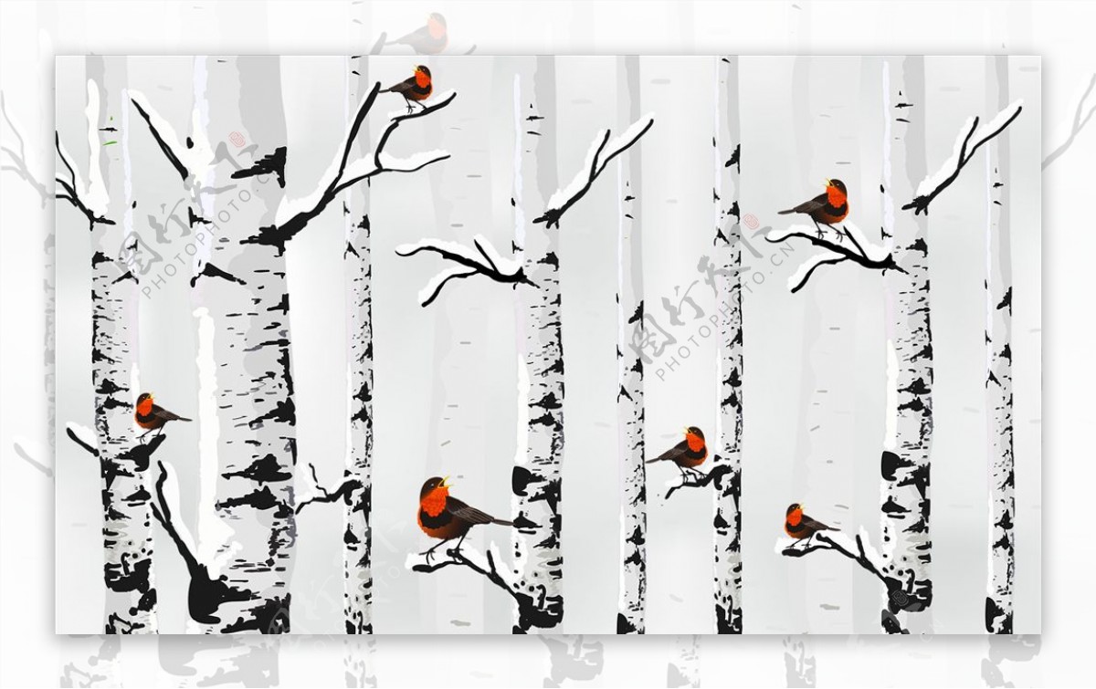 水墨画小鸟树林背景墙图片