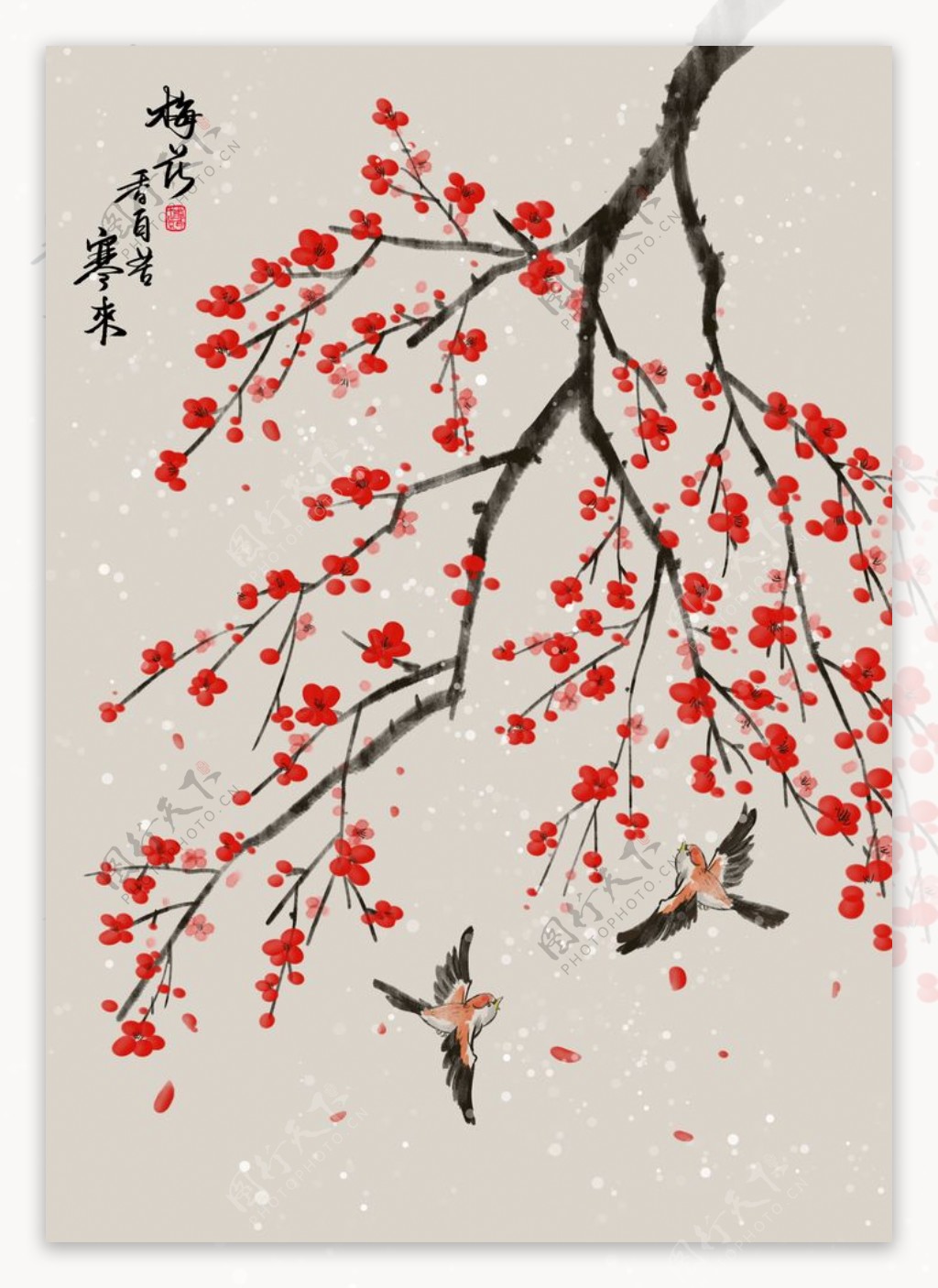 中式手绘梅花装饰画图片