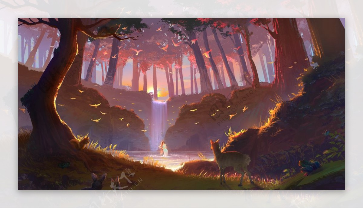 森林小鹿人物魔幻背景海报素材图片