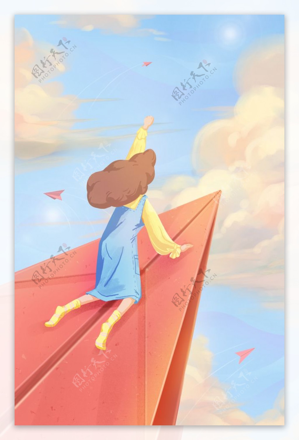 天空飞翔女孩插画背景海报素材图片