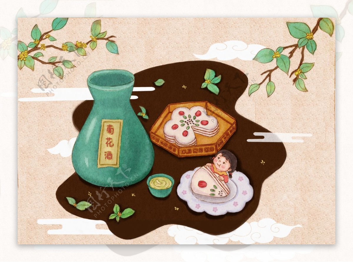 菊花酒传统复古插画背景海报素材图片