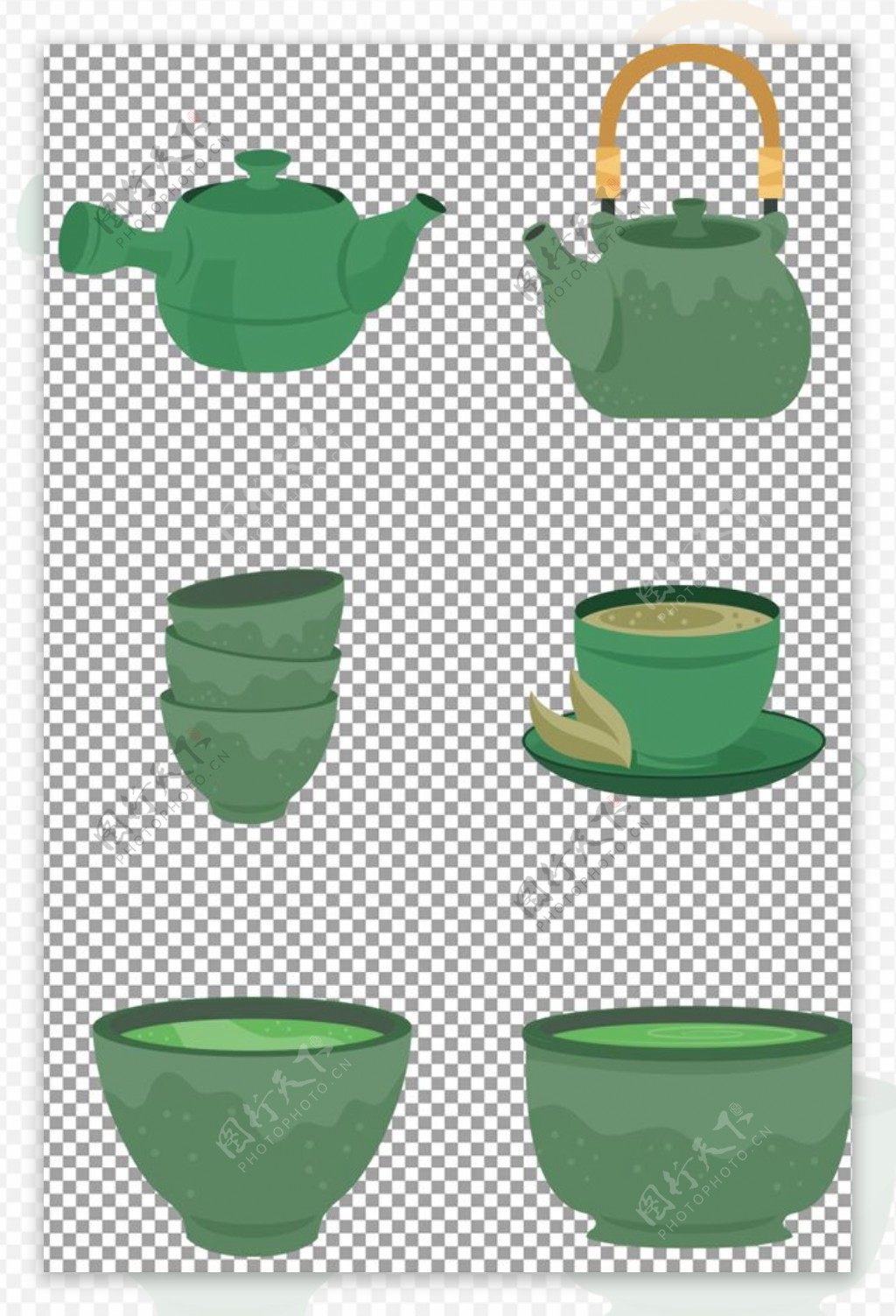 手绘绿色茶具图片