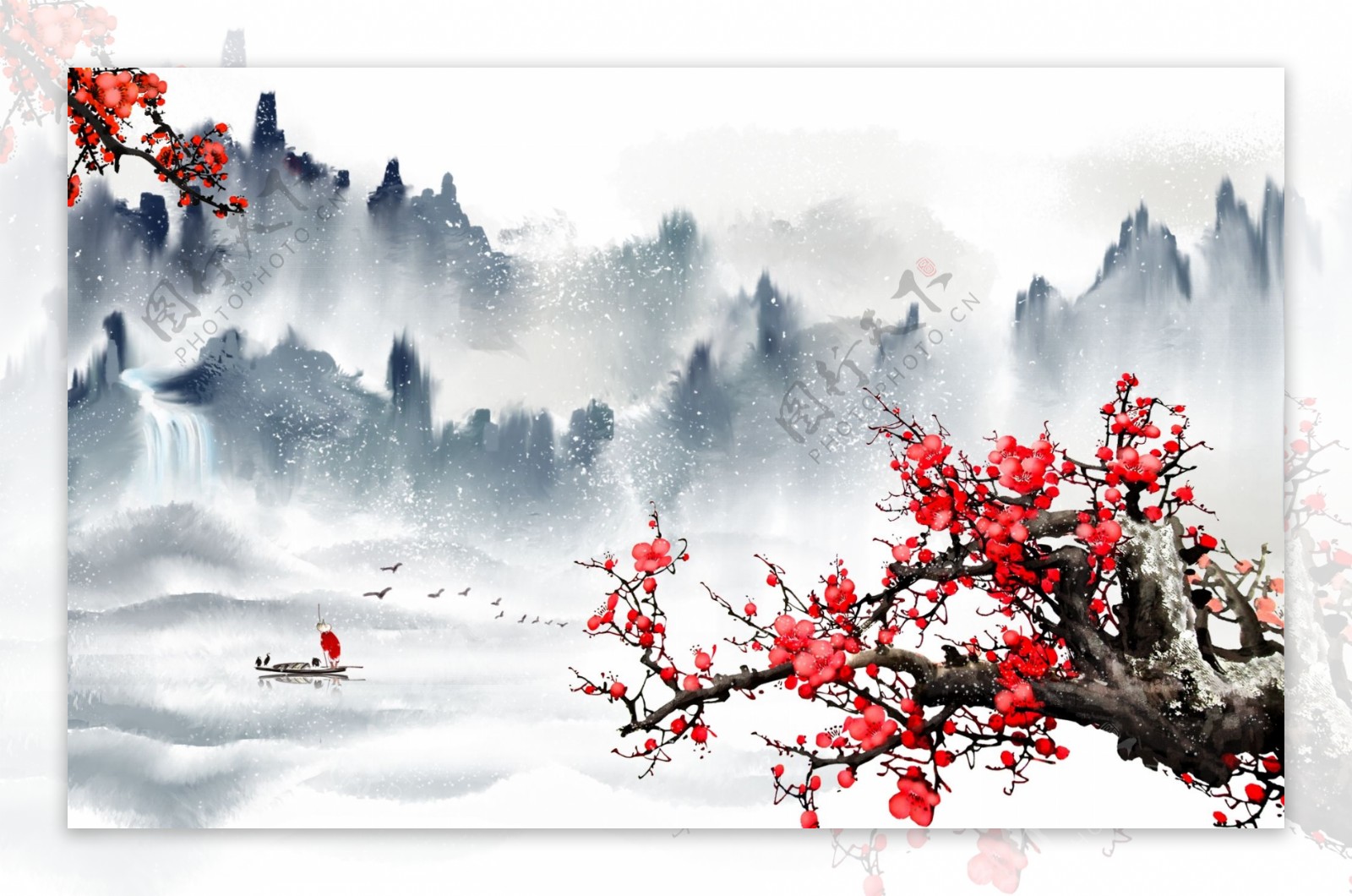 红梅山水复古插画背景海报素材图片