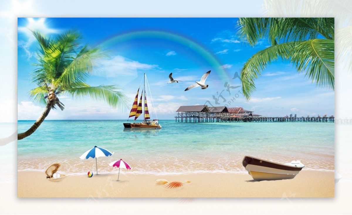 海边帆船沙滩椰树背景墙图片