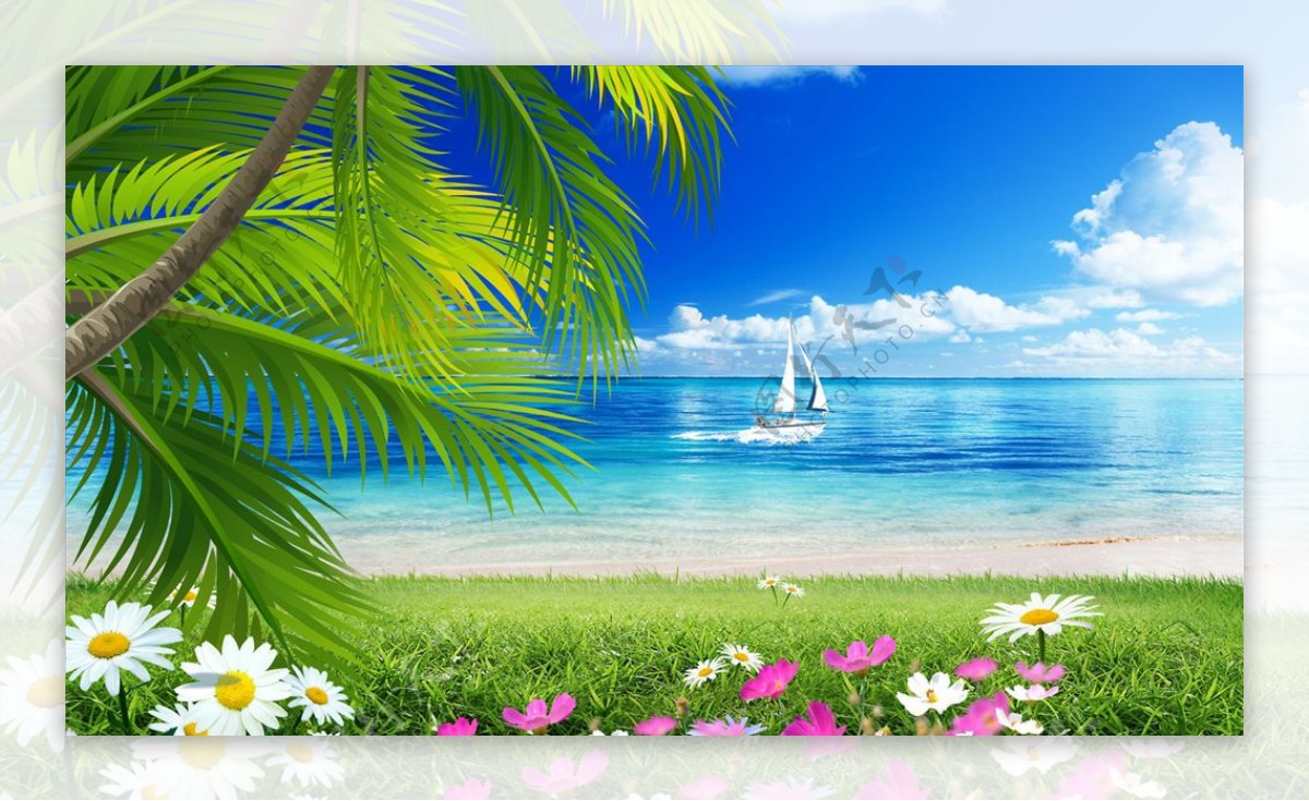 海边椰树小碎花帆船背景墙图片