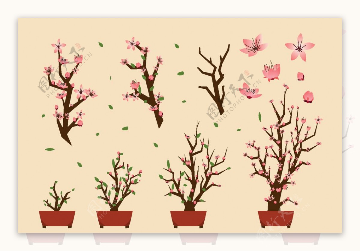 卡通桃花盆栽矢量图图片