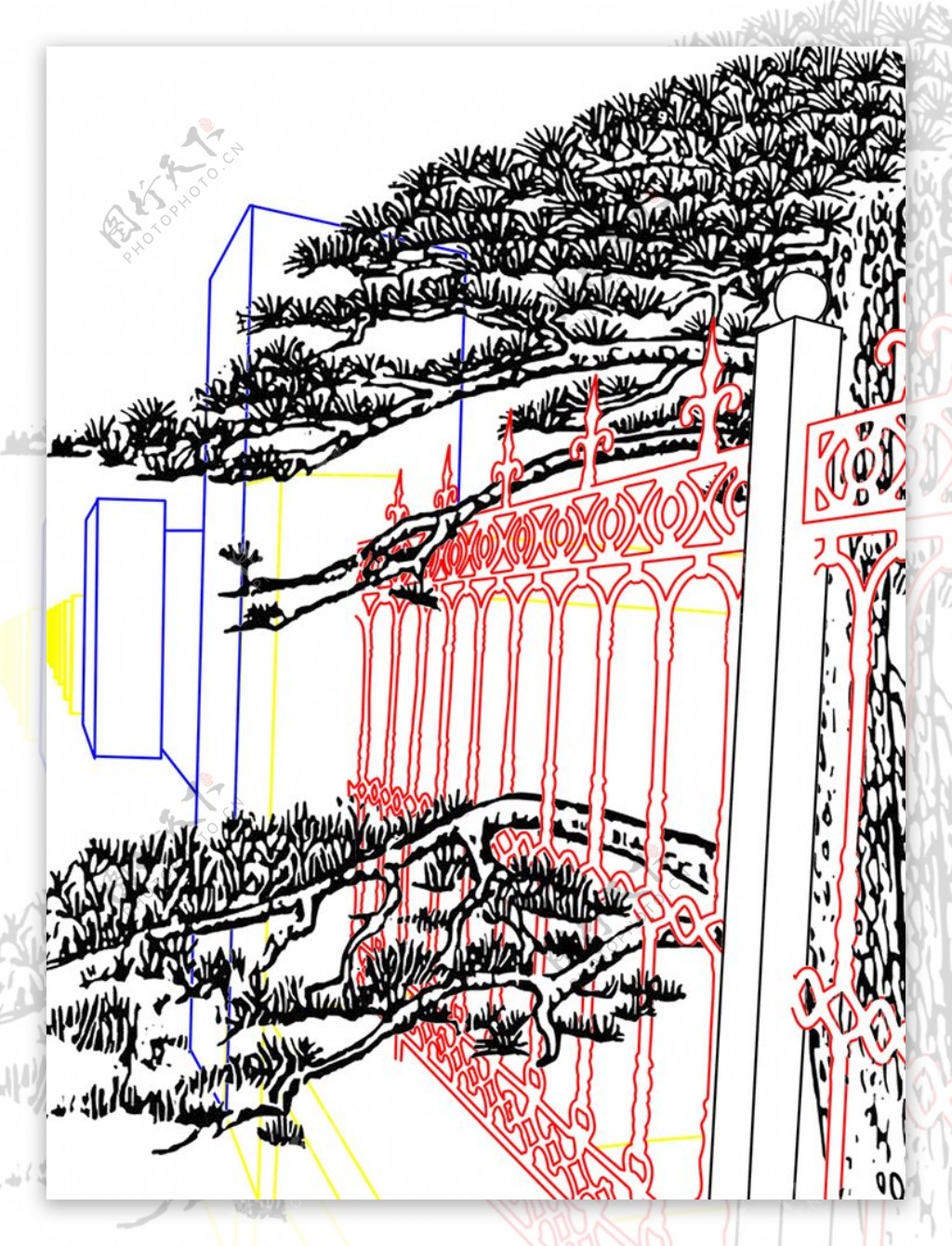 铁栅栏内的松树矢量图图片