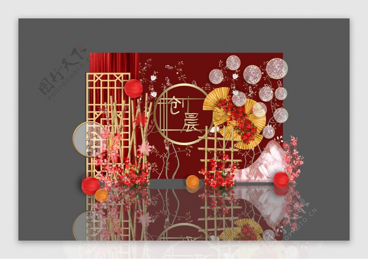 红金色新中式古典婚礼合影背景图片