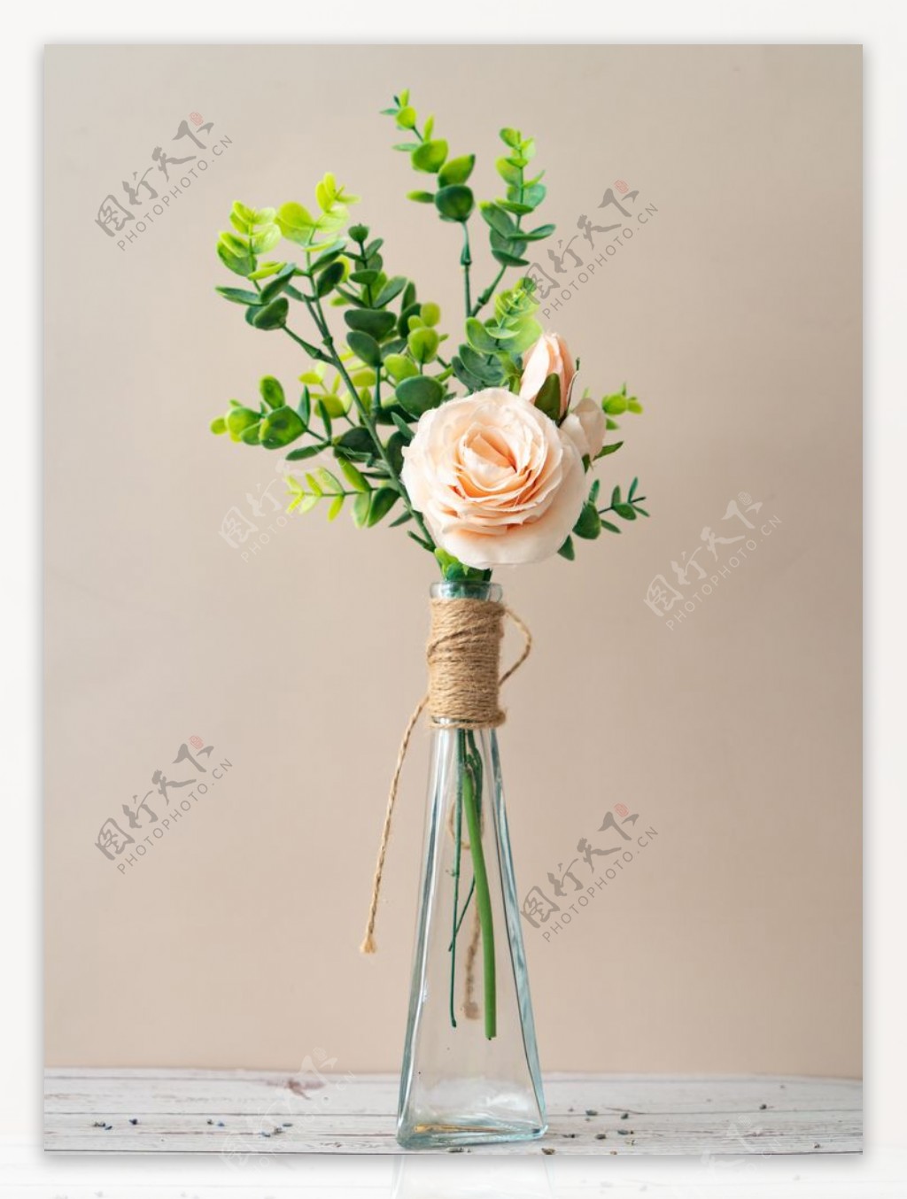 花瓶里的浅粉色玫瑰拍摄特写图片