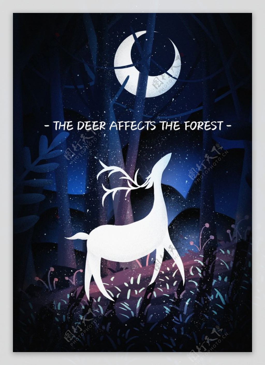 森林中的小鹿场景插画图片