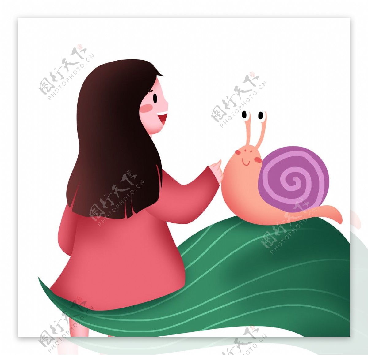 蜗牛女孩插画图片