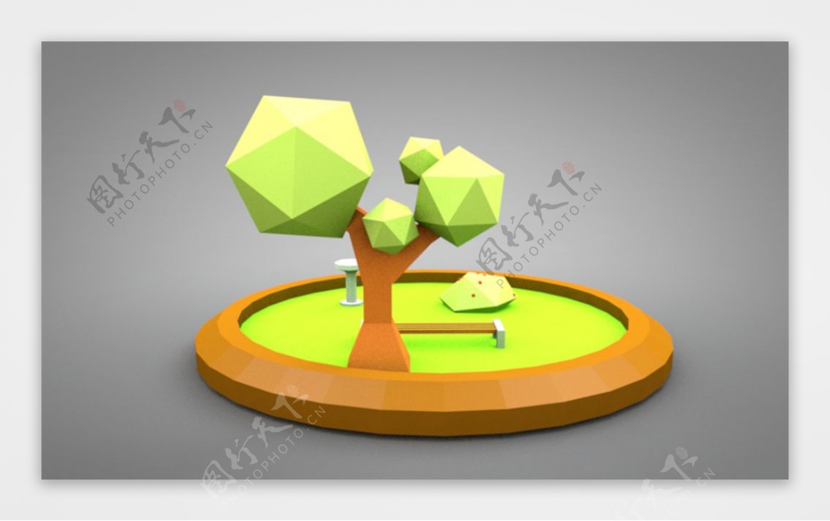 C4D模型树木花坛水池草坪图片