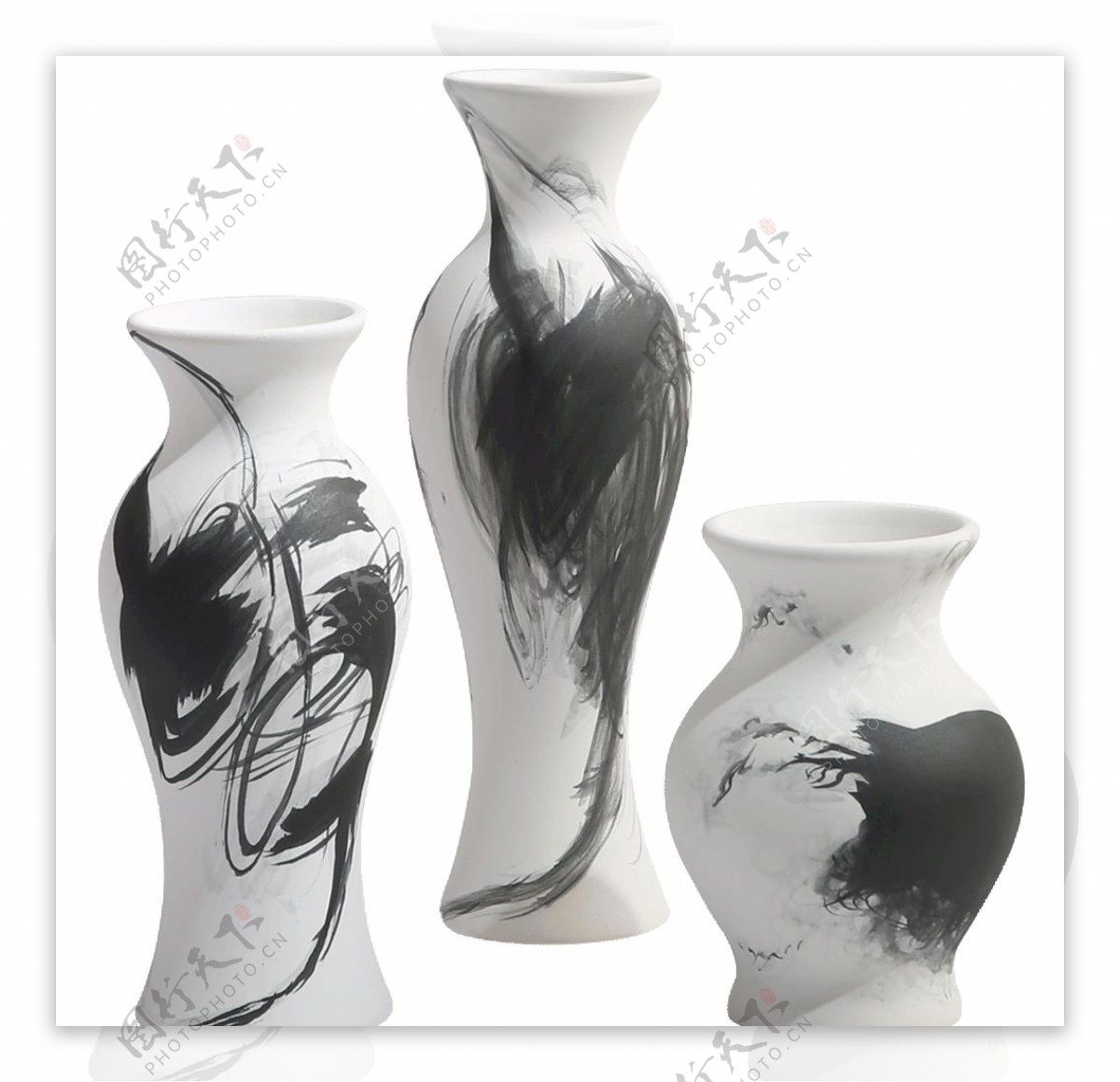 黑白水墨手绘陶瓷小花瓶图片