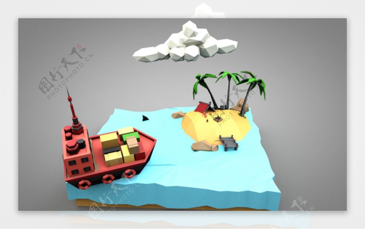 C4D模型轮船芭蕉河水图片