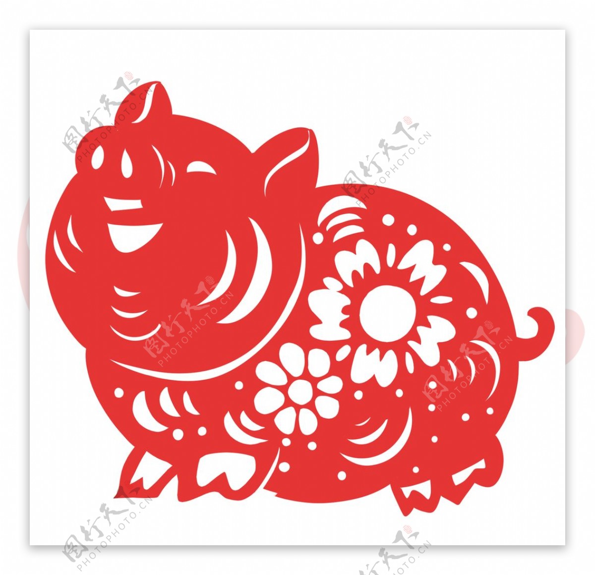 简洁中国传统红色剪纸窗花小花猪图片