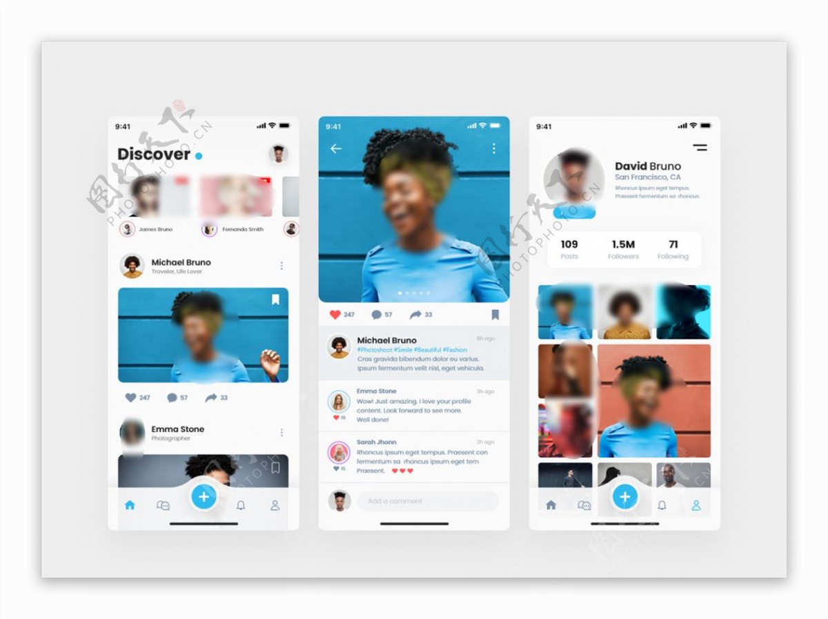 xd社交蓝色UI设计首页创意展图片