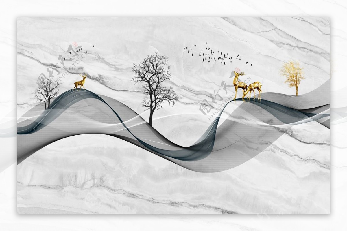 新中式大理石飘带小鹿背景墙图片